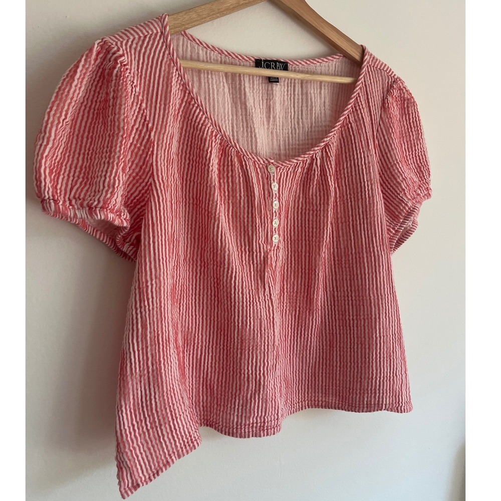J. Crew Puff Sleeve Henley Top Red White Stripe Cropped Cotton Gauze Size Large - Picture 2 of 9
